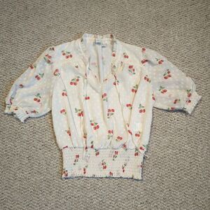 Joie Blouse Top Womens XS Cherry Print Sheer Swiss Dot Smocked Waist Whimsical
